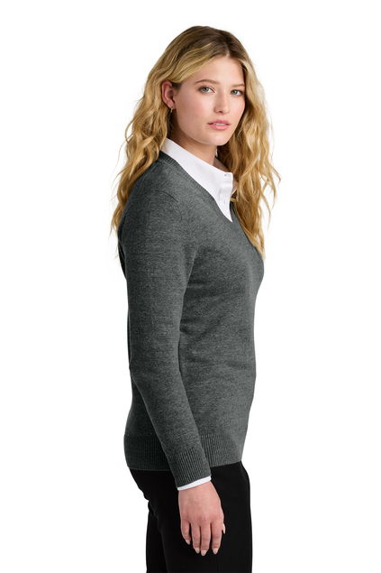 424Wx635H-47083-CharcoalHt-4-LSW2850CharcoalHtModelSide LSW2850 Port Authority® Women’s Easy Care V-Neck Sweater